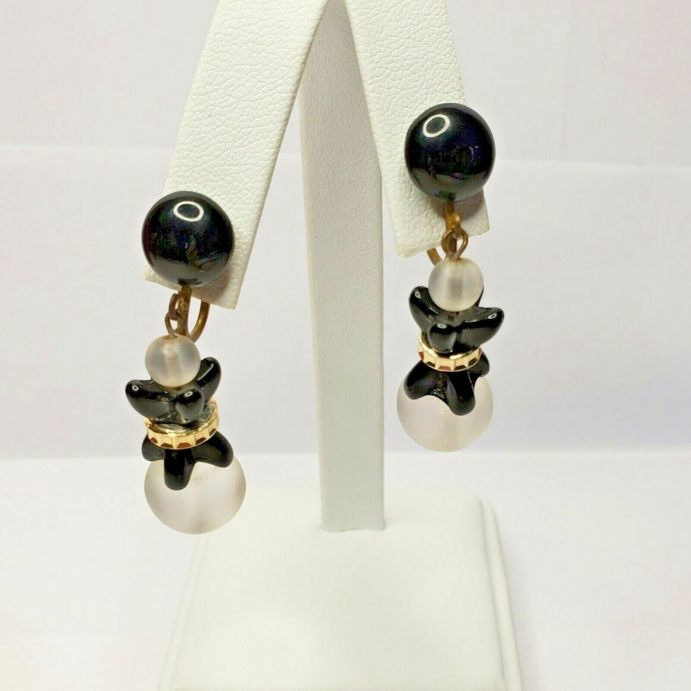 Vintage Western Germany Classy Black Bead Frost Glass Drop Screwback Earrings